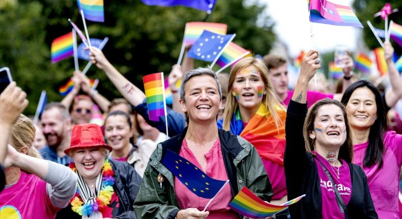 Opprobrium from the White House has helped make Vestager a star, with competition authorities around the world following in her footsteps in moves against big tech. She is shown here at the Copenhagen Pride Parade last month