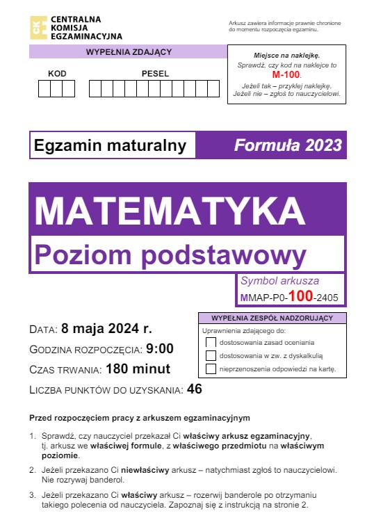 Matura 2024. Matematyka - poziom podstawowy [ARKUSZE CKE i ODPOWIEDZI]