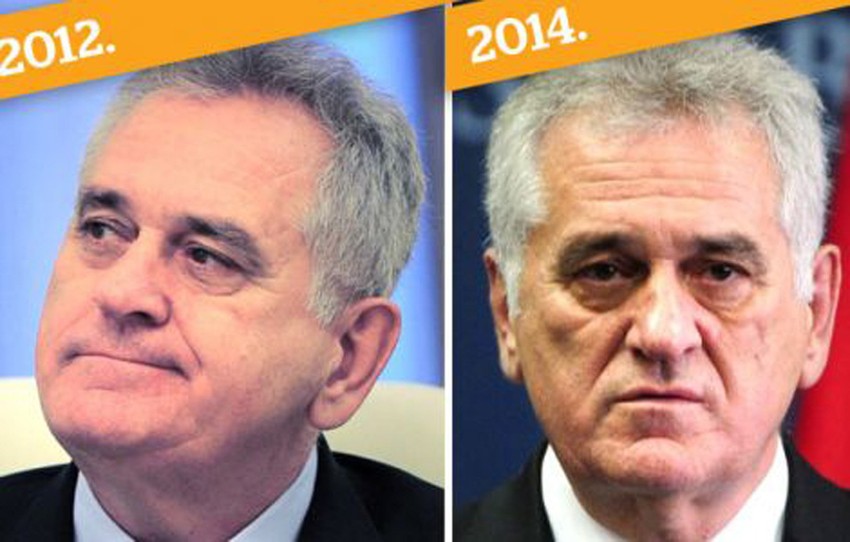 Tomislav Nikolić Na početku predsedničkog mandata 2012. godine svežeg lica deluje spreman za nove pobede. Ali ga drži samo dve, jer već dve godine kasnije on je kao ostario za 10 godina - problemi, muke ili naporan rad, tek, Nikolić ne izgleda tako orno kao pre samo dve godine.