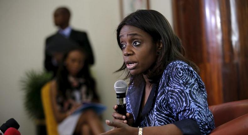 Nigeria's Finance Minister Kemi Adeosun speaks at a news conference in Lagos, Nigeria, April 9, 2016. 