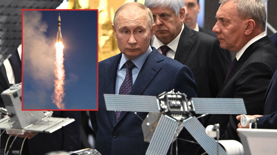 Władimir Putin w siedzibie rosyjskiej firmy RKKK Energia zajmującej się technologiami kosmicznymi oraz stary rakiety Sojuz