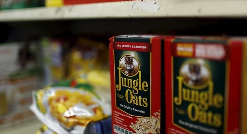 Boxes of Jungle Oats, one of South Africa's Tiger Brands original products, sit on a shelf in a Cape Town convenience store, November 19, 2015. 