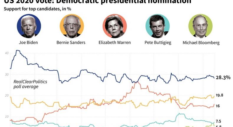 Chart showing support for top candidates in the US Democratic presidential nomination race as of January 13, according to the RealClearPolitics polling average.