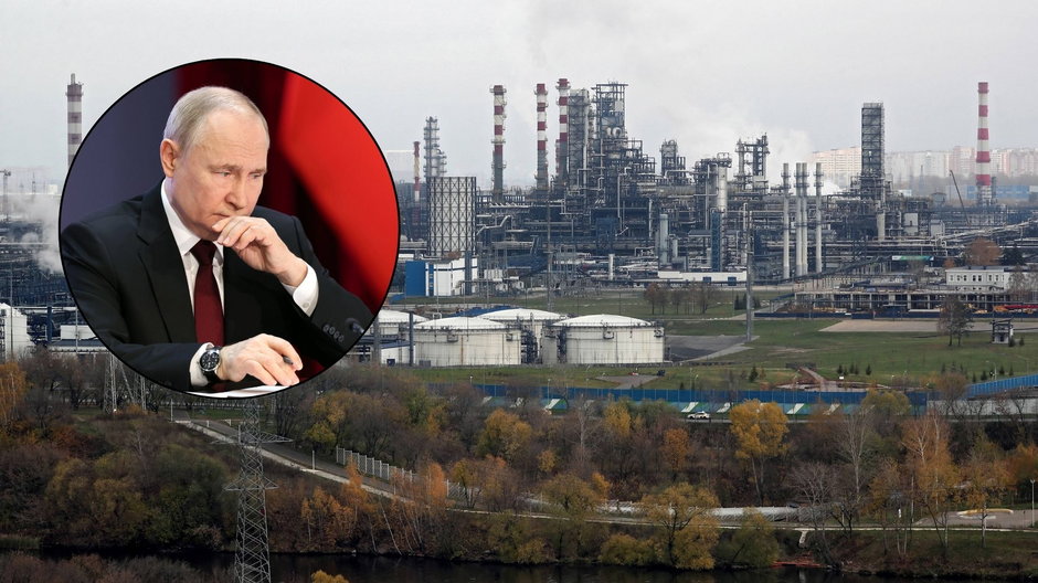 Rafineria ropy naftowej Gazpromnieft w Moskwie (w kółku: Władimir Putin)