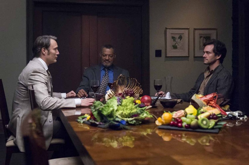 Mads Mikelsen (Hanibal Lekter), Lorens Fišbern (Džek kroford) i Hju Dansi (Vil Grejam)