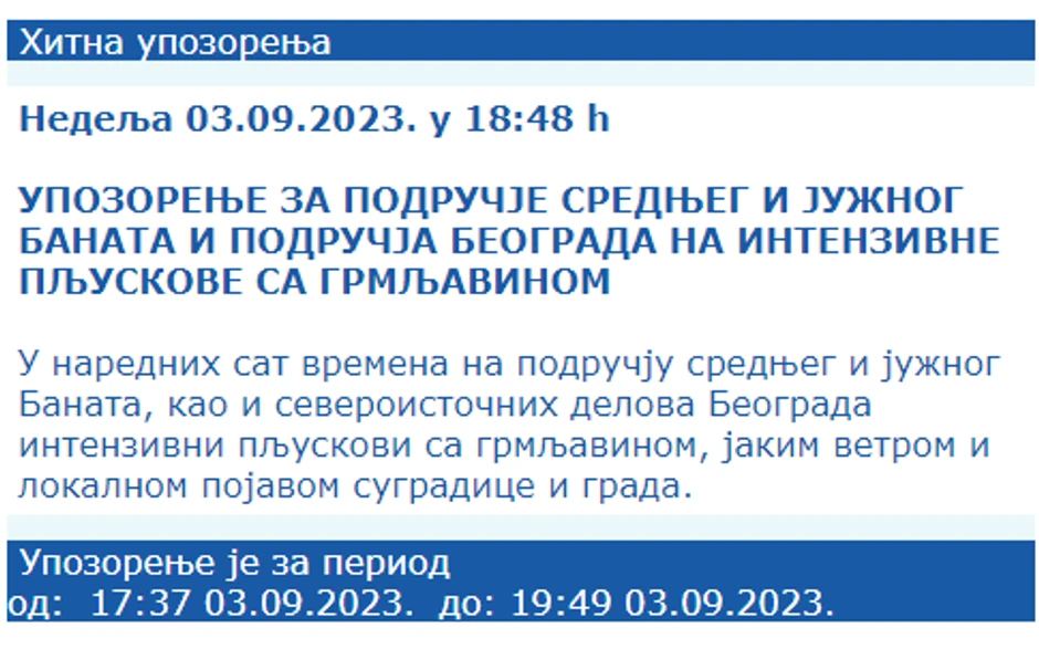 Hitno RHMZ Upozorenje