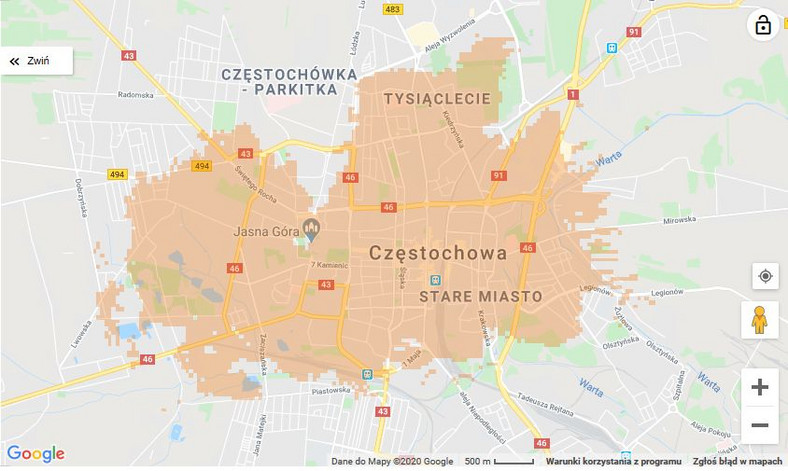 Mapa zasięgu 5G w Orange - Częstochowa