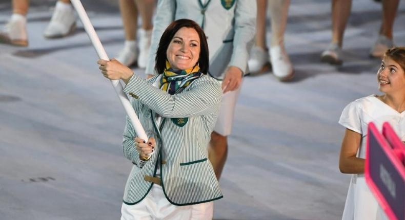 Australia's flagbearer Anna Meares leads during the opening ceremony of the Rio Olympics at the Maracana stadium