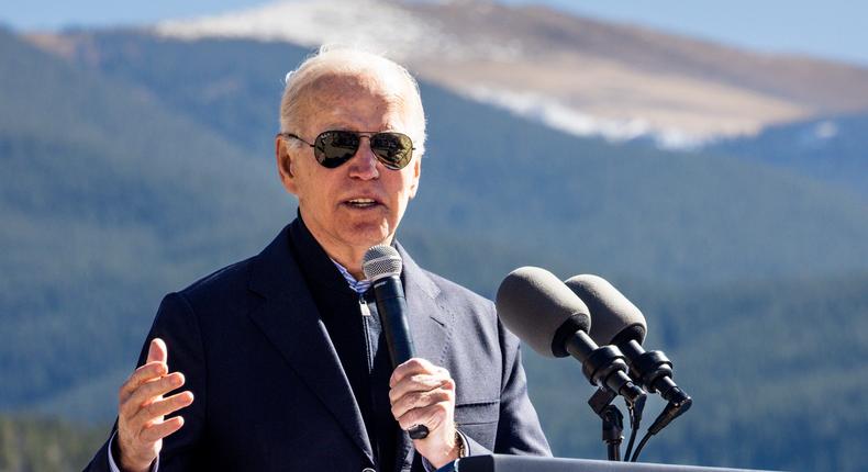 President Joe Biden gives a speech before designating Camp Hale as a national monument on October 12, 2022 in Red Cliff, Colorado. Camp Hale, a World War II training ground for the 10th Mountain Division, is the first national monument that Biden has designated during his term as president.Michael Ciaglo/Getty Images