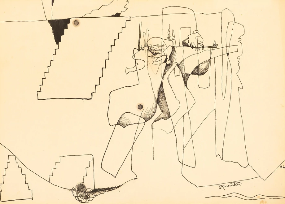 Praca Erny Rosenstein „Urwane schody” to rysunek tuszem z 1968 r.
