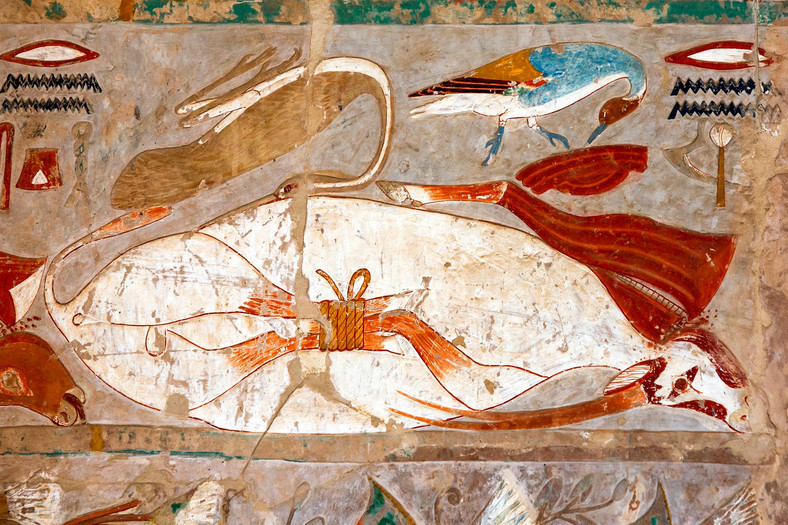 Przedstawienia ptaków i zwierzęcia związanego za nogi na Portyku Puntu w Świątyni Hatszepsut