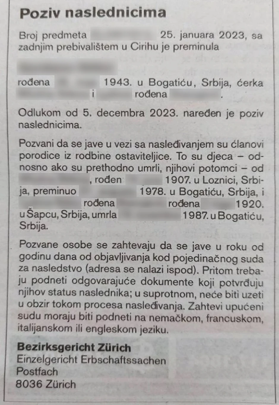 Švajcarski oglas za naslednike jedne Srpkinje