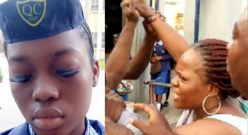 A furious mother fought security officials of Queen's College after her daughter was sent back for wearing eye lashes 