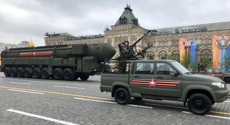 Russian Yars ballistic nuclear missiles on mobile launchers roll through Red Square during the Victory Day military parade rehearsals on May 6, 2018 in Moscow, Russia.