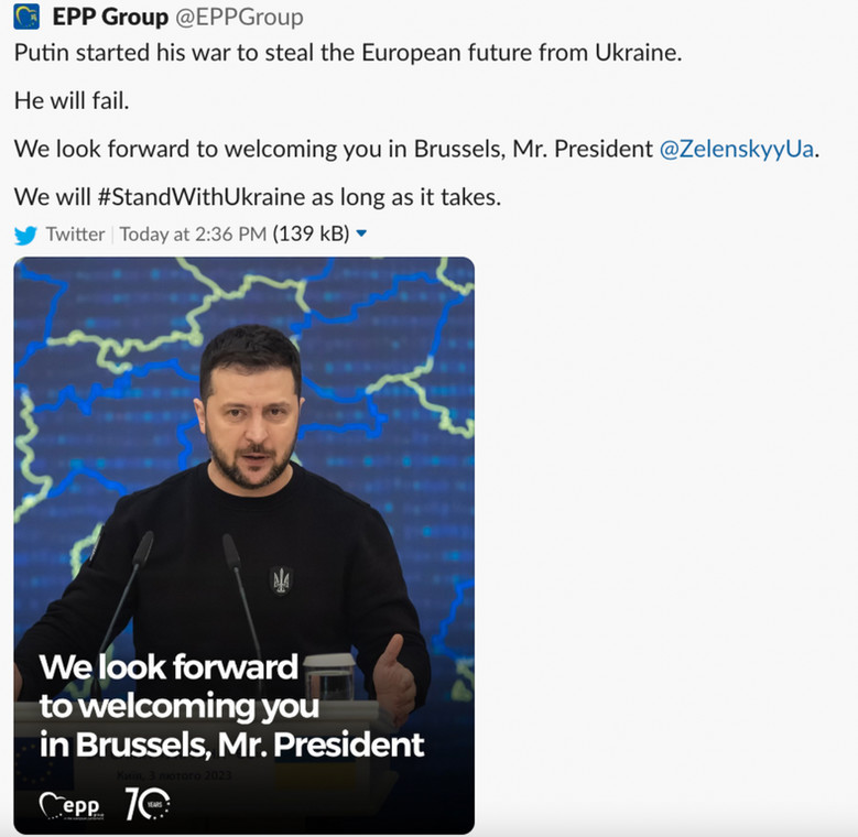 Zrzut ekranu usuniętego tweeta grupy EPL z Parlamentu Europejskiego, w którym ogłaszają wizytę Zełenskiego