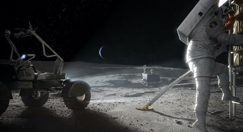 An artist's concept of NASA astronauts returning to the surface of the moon via its Artemis program.
