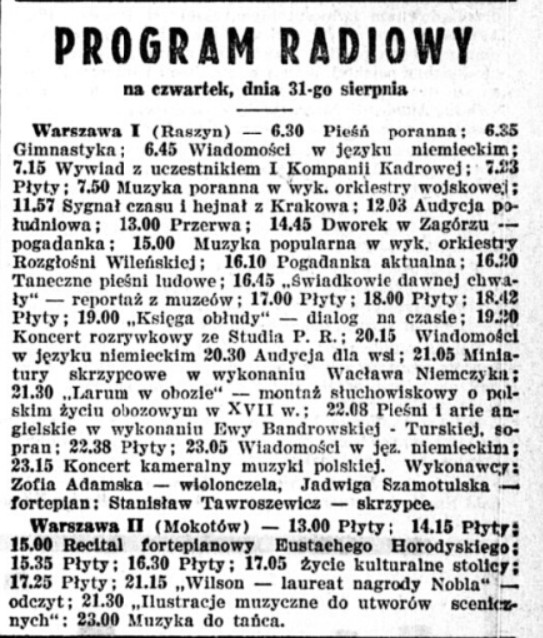 Polskie Radio. Program z 31 sierpnia 1939 r.