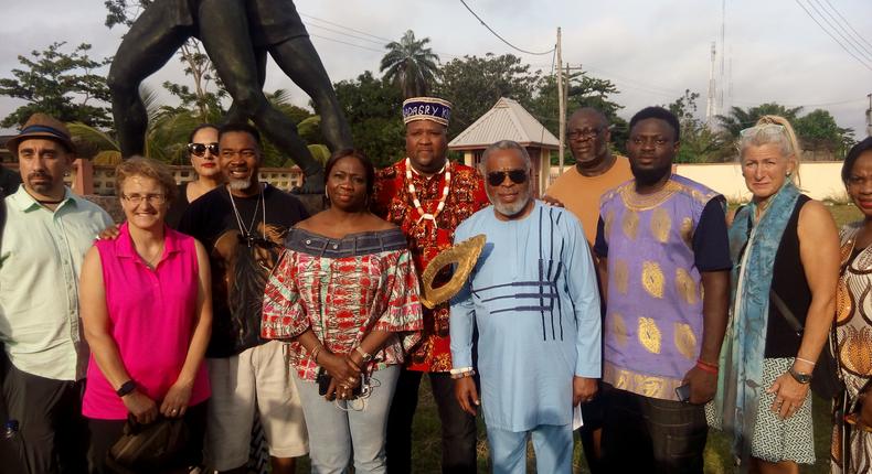 The SSA to the President on Diaspora and Foreign Affairs,and Chairman, Nigerians in Diaspora Commission, Mrs Abike Dabiri-Erewa with some diaspora delegates at the Badagry Museum on Saturday (NAN)