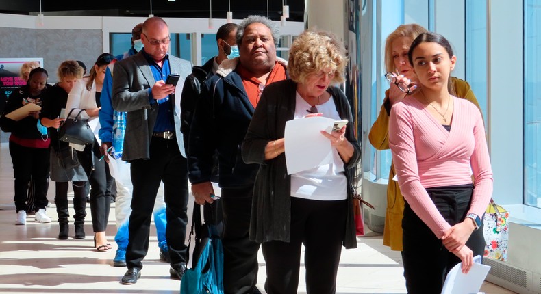 Applicants line up at a job fair at the Ocean Casino Resort in Atlantic City N.J., on April 11, 2022.Associated Press