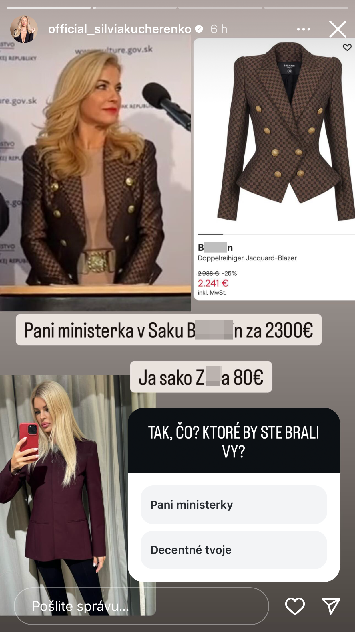 Silvia Kucherenko skritizovala ministerku Šimkovičovú za jej štýl obliekania.