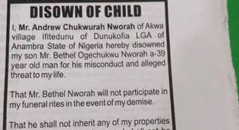 Mr Andrew Chukwurah Nwora publicly disowns son, Mr Bethel Nwora