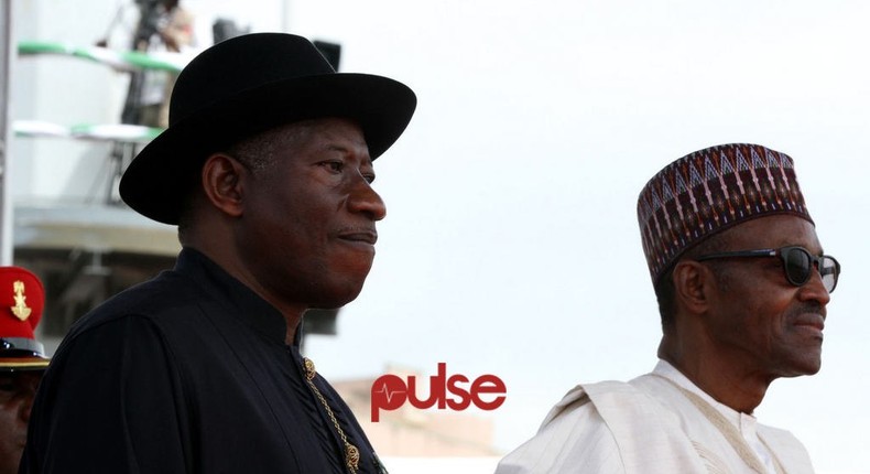 Ex-president Goodluck Jonathan and President Buhari at the Presidential Inauguration on May 29, 2015, in Abuja.