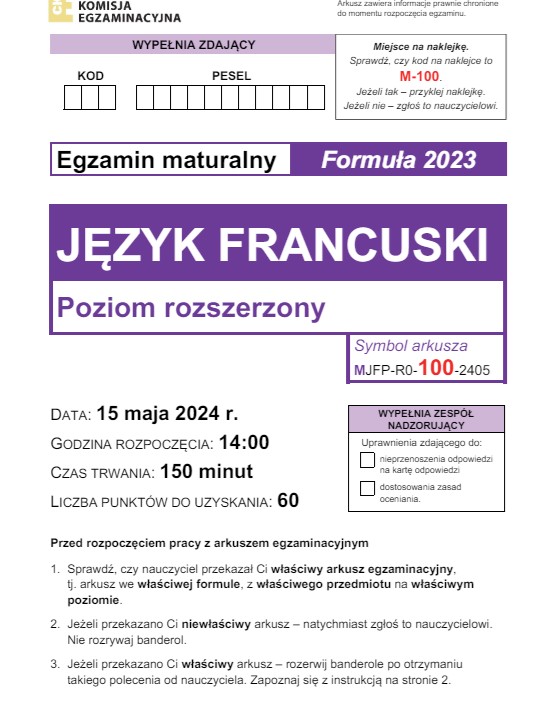 Matura 2024. Język francuski - poziom rozszerzony [ARKUSZE CKE]