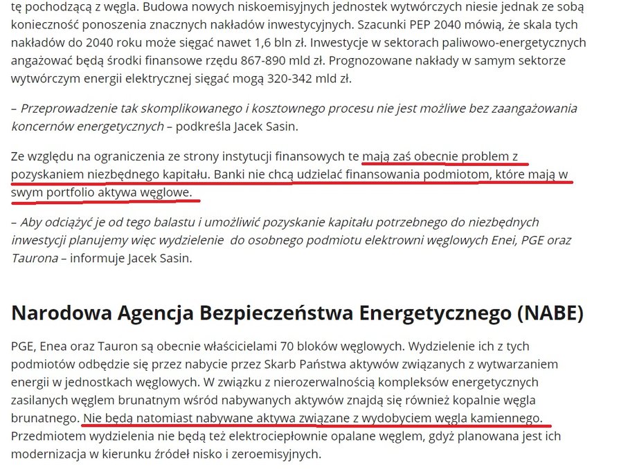 Fragment komunikatu Ministerstwa Aktywów Państwowych o zmianach w sektorze energetycznym