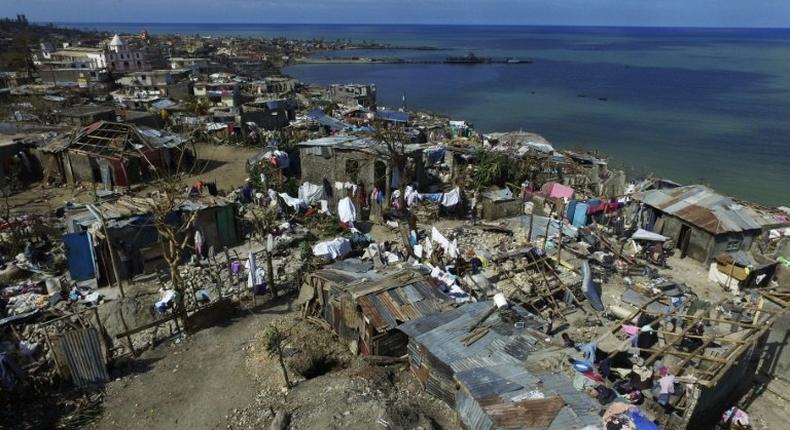 An aerial view of the Haitian town of Jeremie on October 10, 2016, following the passage of Hurricane Matthew