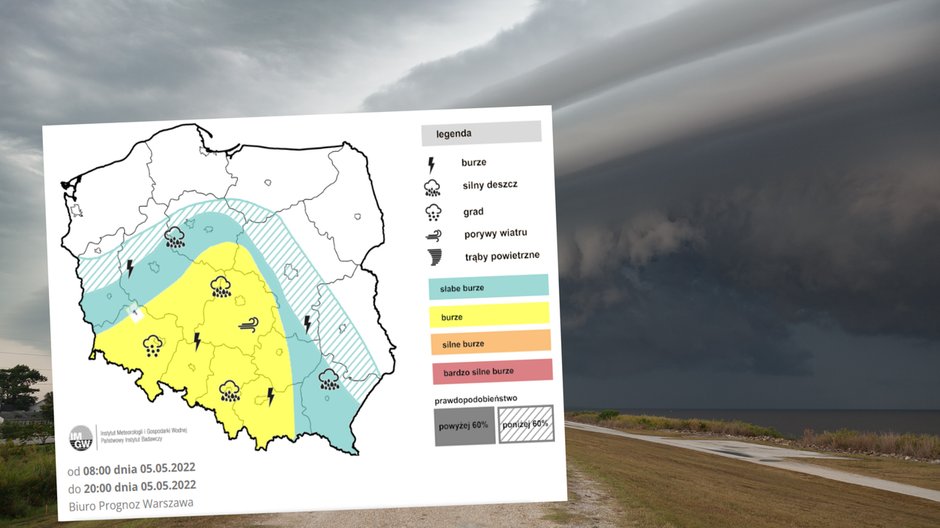 W czwartek będzie ciepło, ale w wielu regionach spadnie deszcz i przejdą burze (mapa: IMGW)