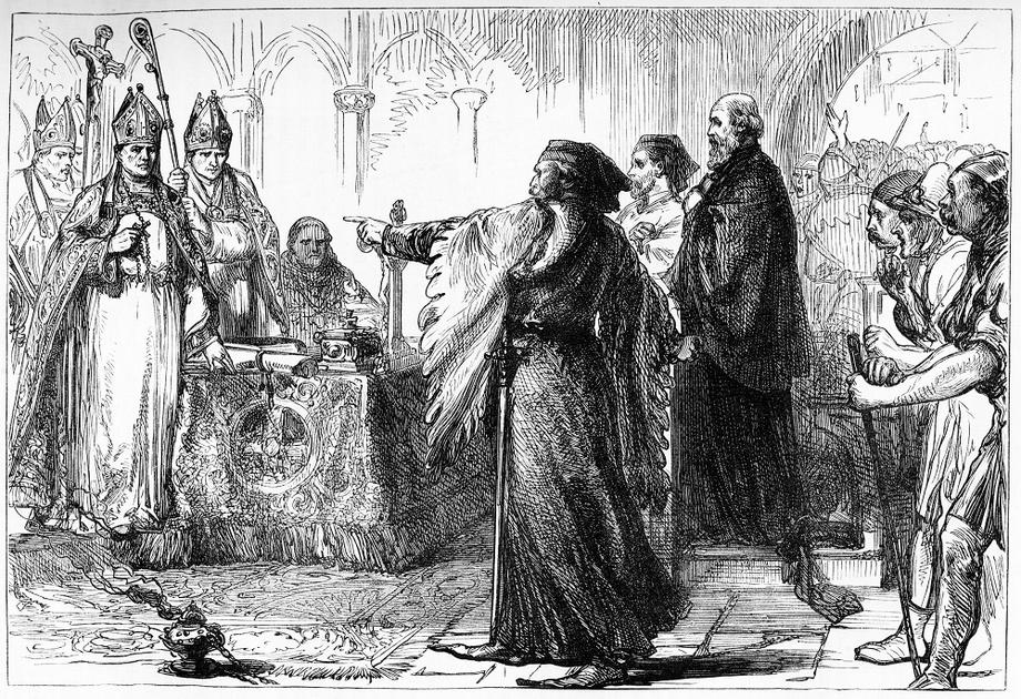 Rycina przedstawia Jana z Gaunt w sporze z katolickim biskupem Londynu o nauki Jana Wiklifa [ok. 1380 r.]