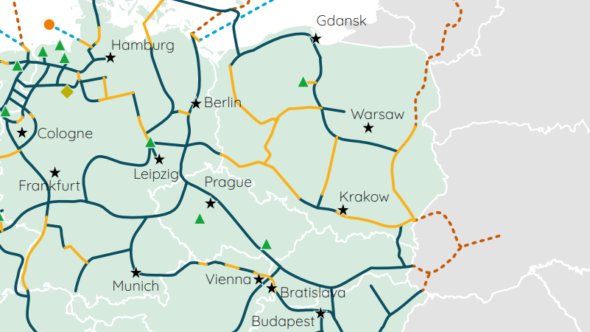 Mapa z Baltic Pipe przystosowanym do transportu wodoru. Grafika: European Hydrogen Backbone