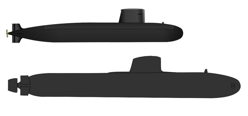 Porównanie wielkości starszej jednostki typu Rubis z większym okrętem typu Suffren.