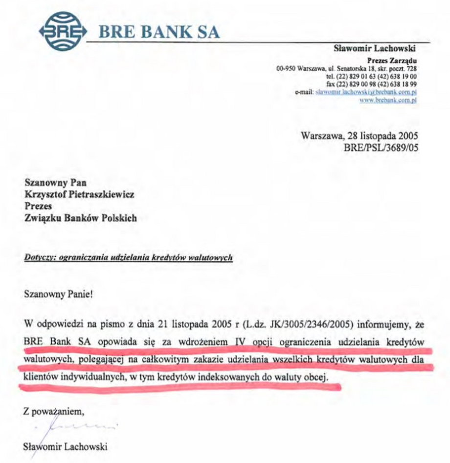 Stanowisko prezesa BRE Banku ws. kredytów frankowych.