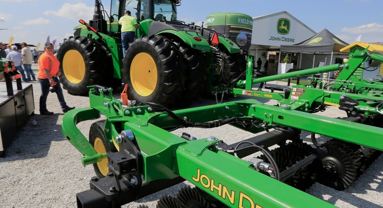 In this Sept. 10, 2019, file photo a John Deere tractor is on display at the Husker Harvest Days farm show in Grand Island, Neb.
