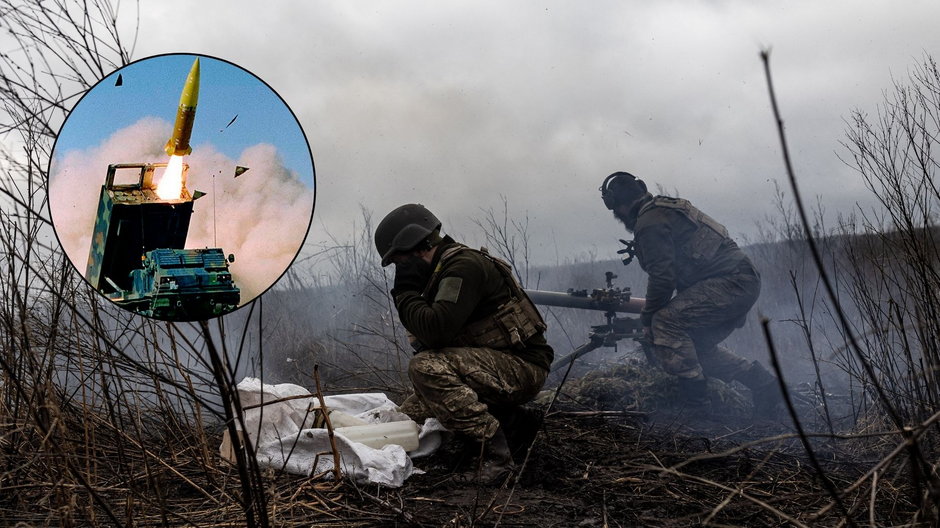 Ukraińscy żołnierze w Doniecku, luty 2024 r. (w kółku: pocisk ATACMS)