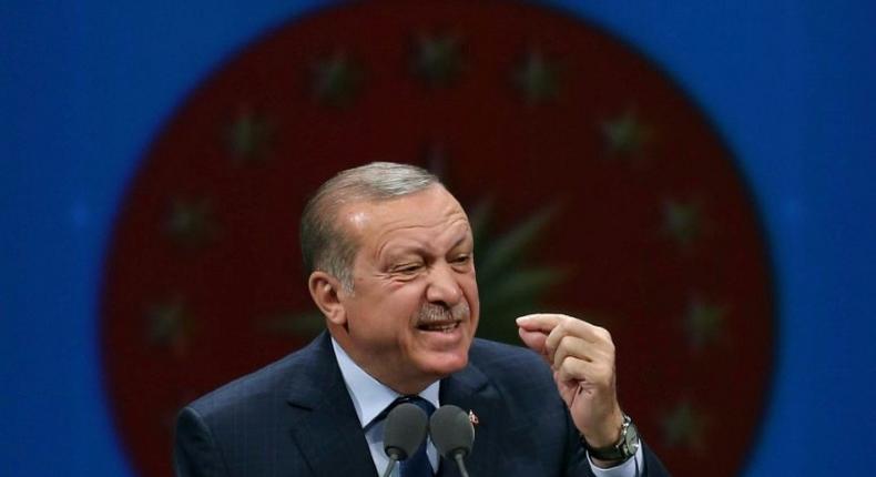 Turkish President Recep Tayyip Erdogan addresses the Mukhtars (local administrators) meeting in Ankara, on April 5, 2017