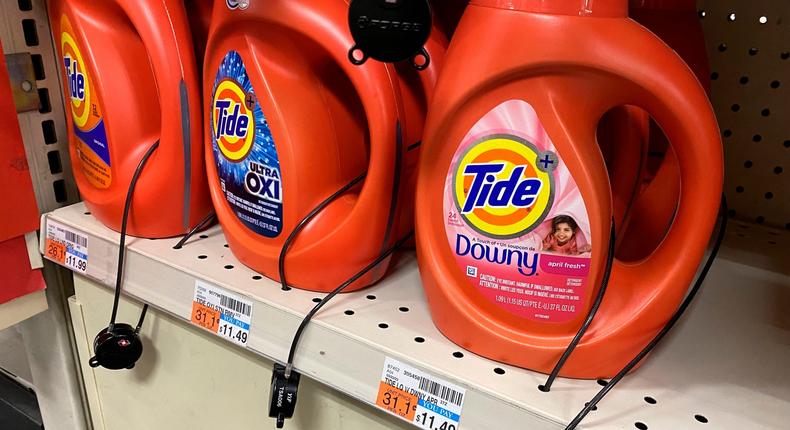 Tide laundry-detergent bottles with a security-locking system to prevent theft at a CVS Pharmacy, Queens, New York.Lindsey Nicholson/UCG/Universal Images Group via Getty Images