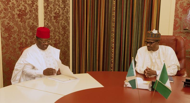 President Muhammadu Buhari and receives in guest Governor of Ebonyi State, H.E Dave Umahi at Aso Rock [Twitter/@BashirAhmaad]