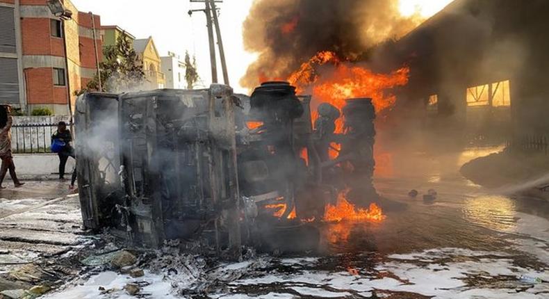The petrol tanker caught fire near an Oando filling station at Obalende. (Channels TV)