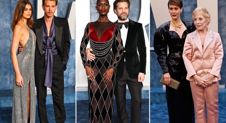 Kaia Gerber and Austin Butler, Jodie Turner-Smith and Joshua Jackson, and Sarah Paulson and Holland Taylor attend the 2023 Vanity Fair Oscar party.Leon Bennett/FilmMagic, Daniele Venturelli/Getty Images, MICHAEL TRAN/AFP via Getty Images