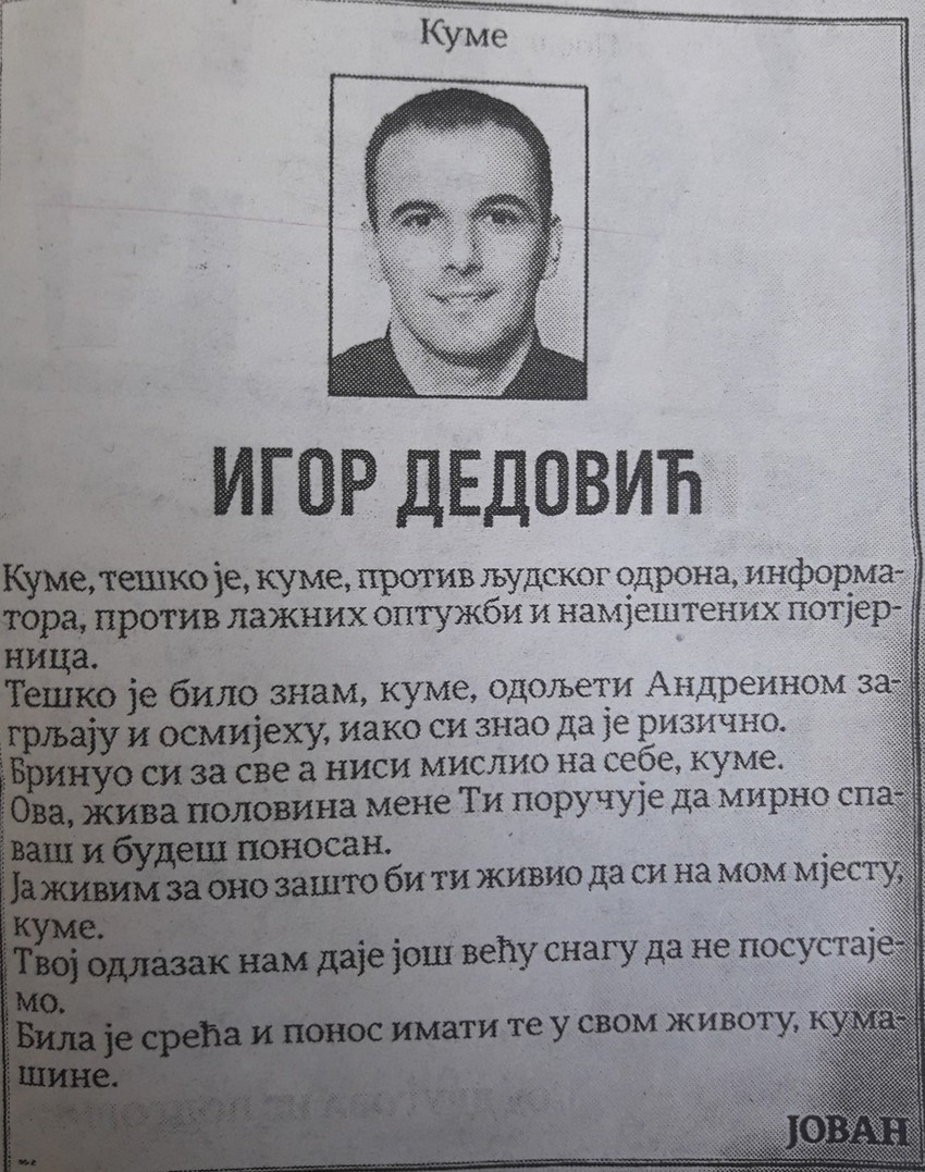 Čitulja Igoru Dedoviću