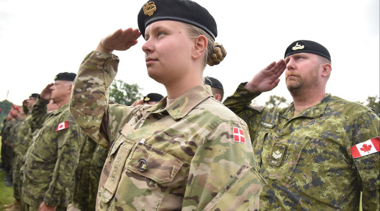 Dán és kanadai katonák tisztelegnek a Rapid Trident 2018 hadgyakorlat megnyitó ünnepségén a nyugat-ukrajnai Javoriv városán kívüli harci gyakorlótéren,/Fotó: Profimédia.