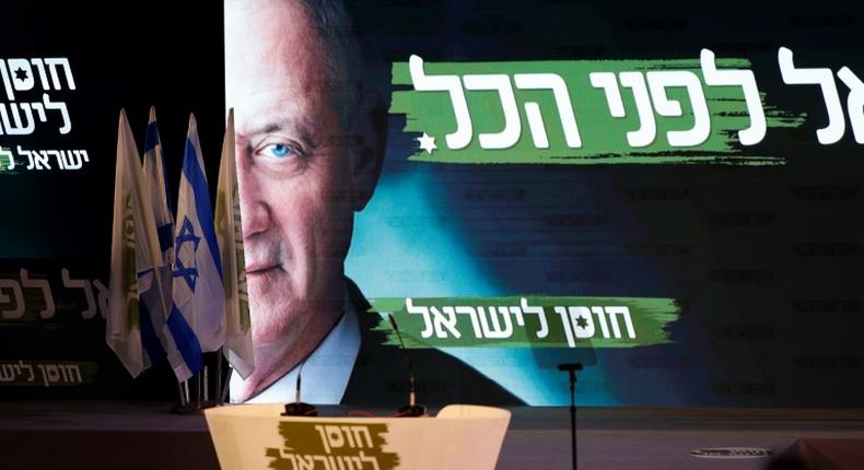 A picture taken on January 29, 2019, shows the podium where former Israeli chief of staff Benny Gantz delivered his first electoral speech