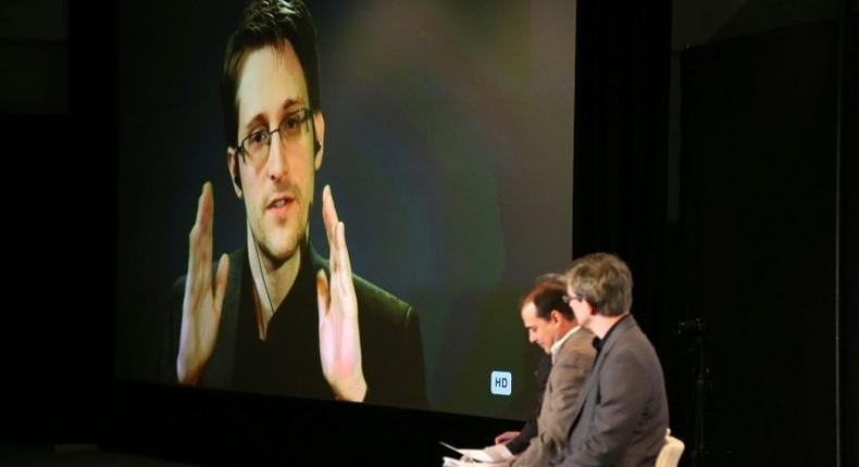 Edward Snowden speaks via videolink during Politicon at the Los Angeles Convention Center on October 10, 2015