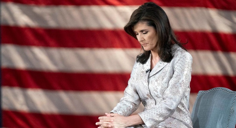 Former UN Ambassador Nikki Haley looks down during a town hall meeting hosted by Fox News in Columbia, South Carolina, on February 18, 2024, ahead of the February 24 South Carolina Republican presidential primary.Sean Rayford/AFP via Getty Images