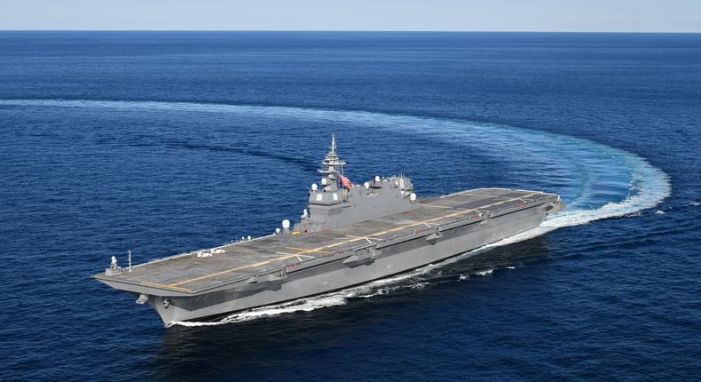 Japan's converted Izumo-class helicopter carrier, JS Kaga, now upgraded to be an aircraft carrier.Japan Maritime Self-Defense Force