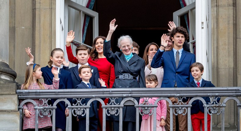 Members of the Danish royal family wave from the balcony of Amalienborg Palace on April 16, 2018.Patrick van Katwijk/Getty Images