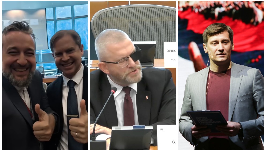 Ľuboš Blaha s českým europoslancom Ondřejom Dostálom, poľský poslanec Grzegorz Braun a ruský opozičný politik Dmitrij Gudkov