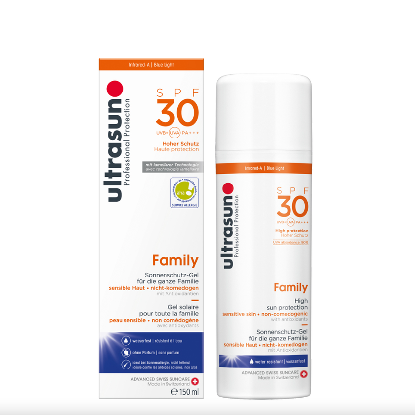 Schnell absorbierendes, nicht fettendes, nicht klebriges UVA und UVB (SPF30) Sonnenschutz-Gel von Ultrasun für etwa 40 Franken (150 ml), via puravita Drogerie.
